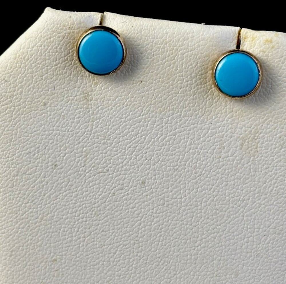 VINTAGE NAVAJO ROUND BEZEL TURQUOISE STERLING SILVER EARRINGS 5/8”